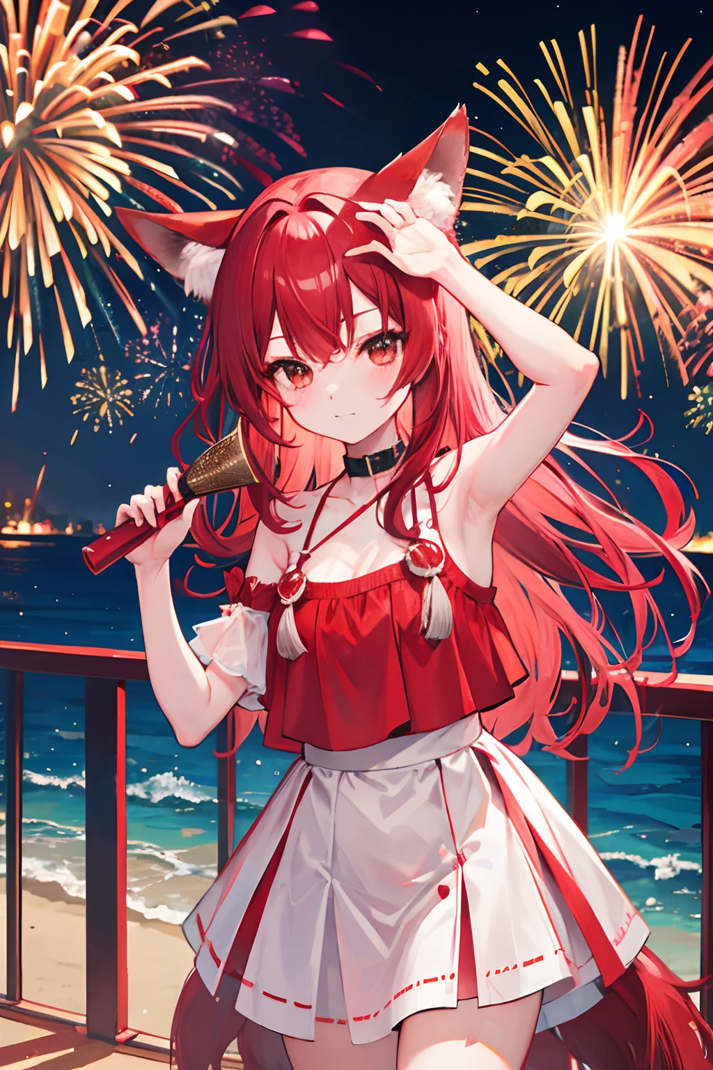 red tinted hair，Red fox ears，Summer fireworks，fire works，komono