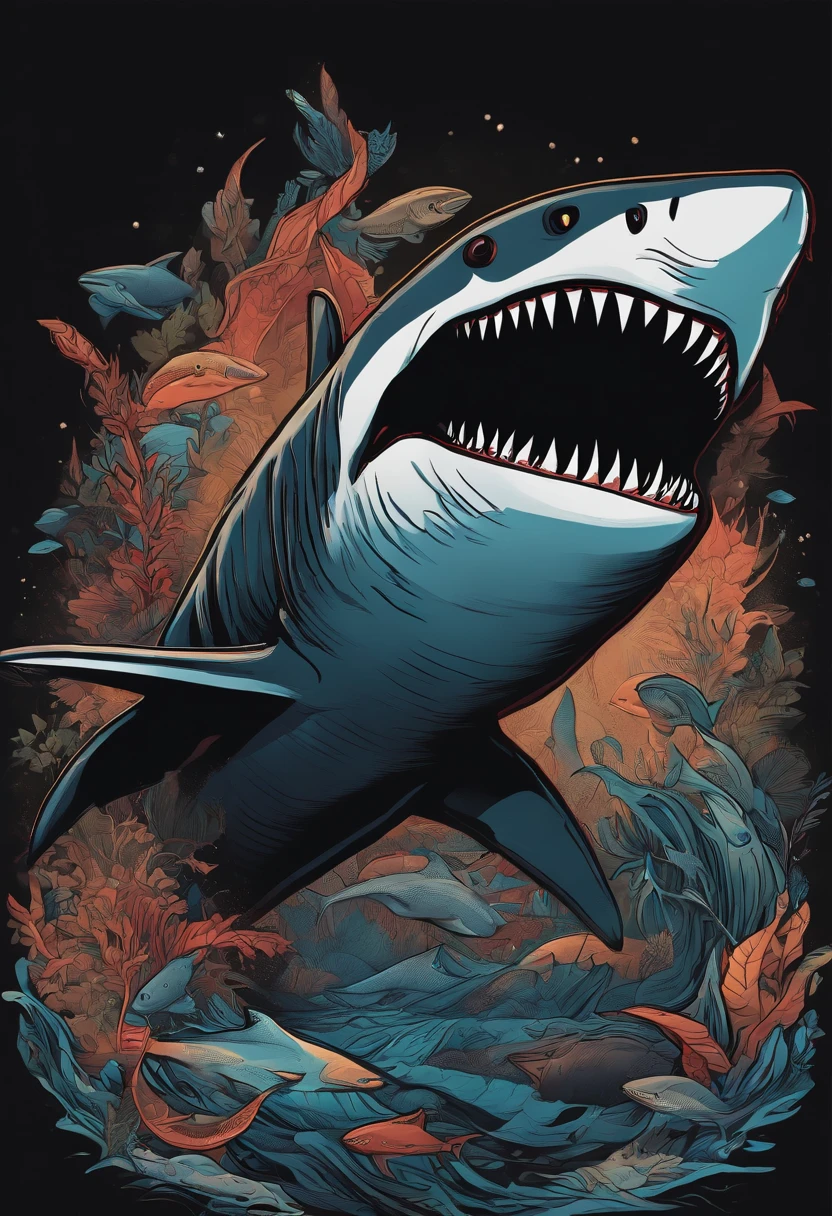 /imagine prompt: Shark illustration with black background sticker, Bold outline style, Jagged edges, Trash core, Light Shadow --V 5.2