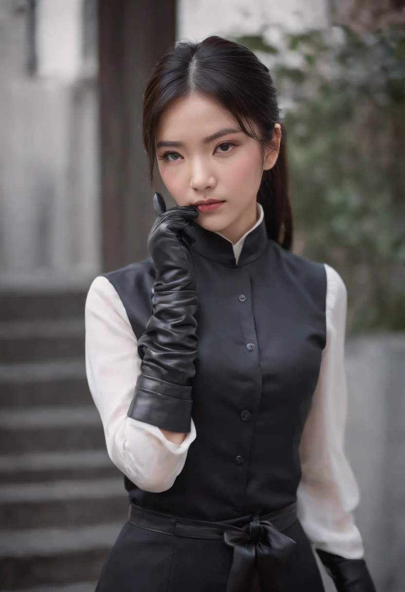 Black leather gloves, black suit, black hair, ponytail, Japanese girl, ribbon tie blouse, upper half