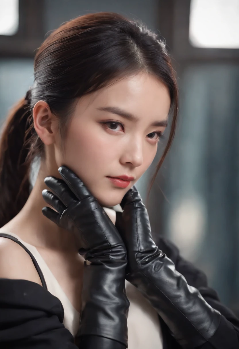 Pretty girl in Japan　Black leather gloves　Hand parts model