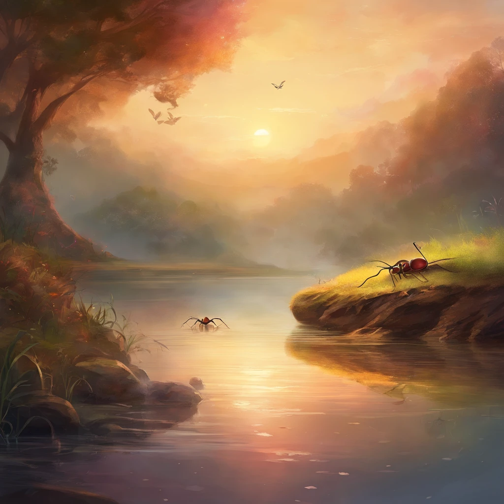 an ant with a crab by the river