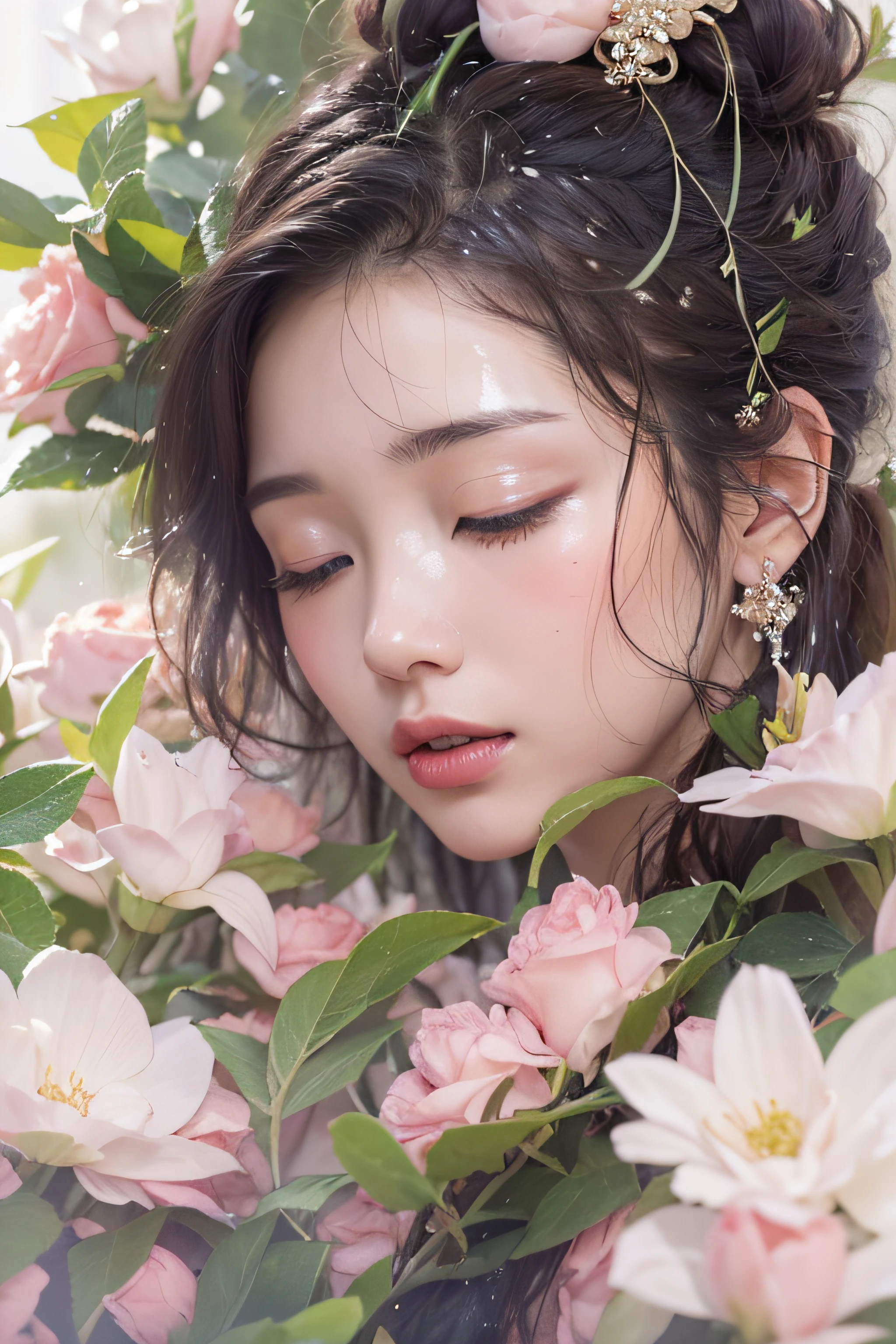 1womanl、Early 20s、(beauitful face:1.5)、Shower with a faint light、Shendin flower、From the overflowing tearbuds、Start smelling one by one、Distant spring、Give me love、And I hear your familiar voice