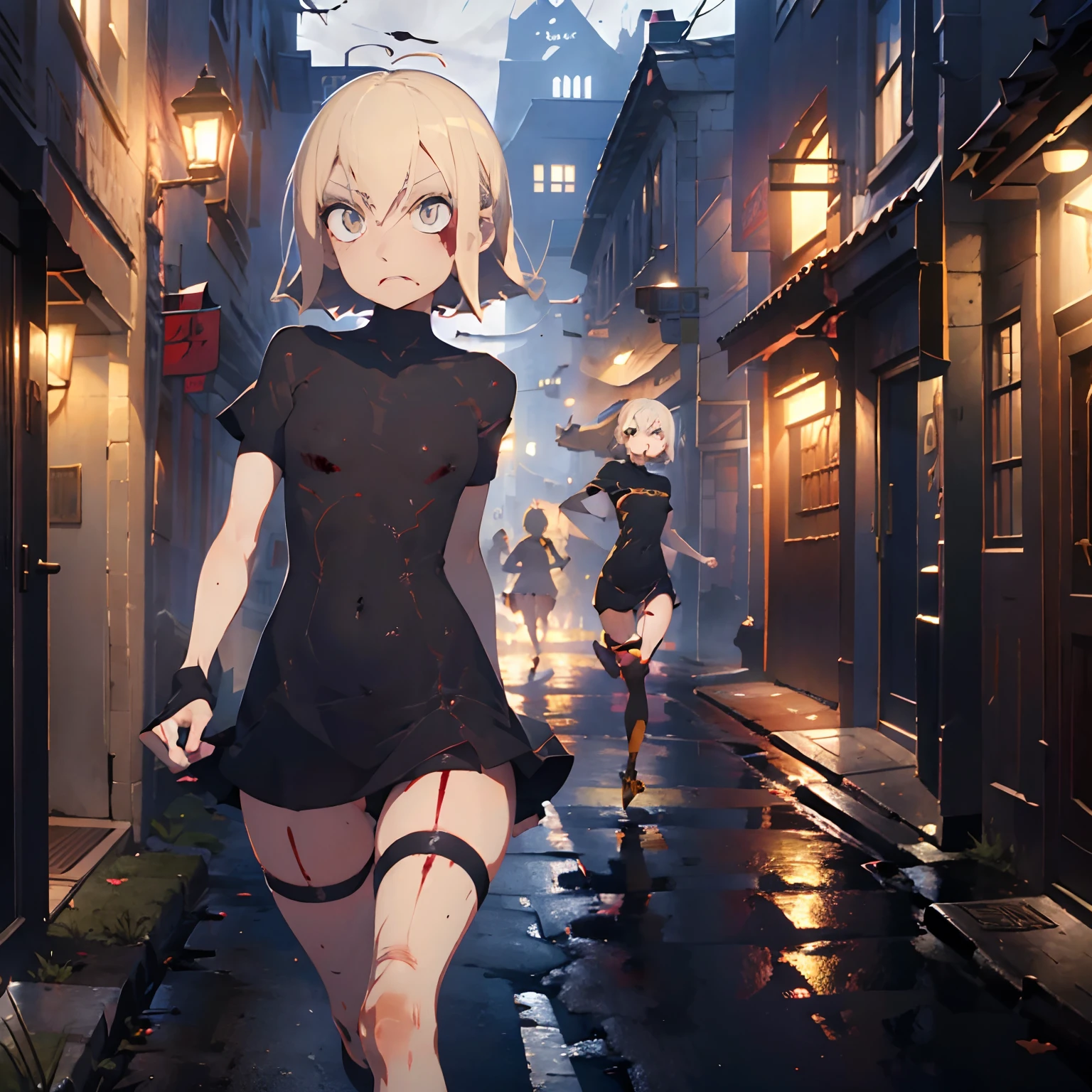 very thin girl, vampire, blonde, yellow eyes, extremely thin, very small breasts, flat breasts, very thin legs, very short black dress, running, gothic street, night, covered in blood, panties showing, pokies, dirty mouth blood, perfect anatomy, perfect hands