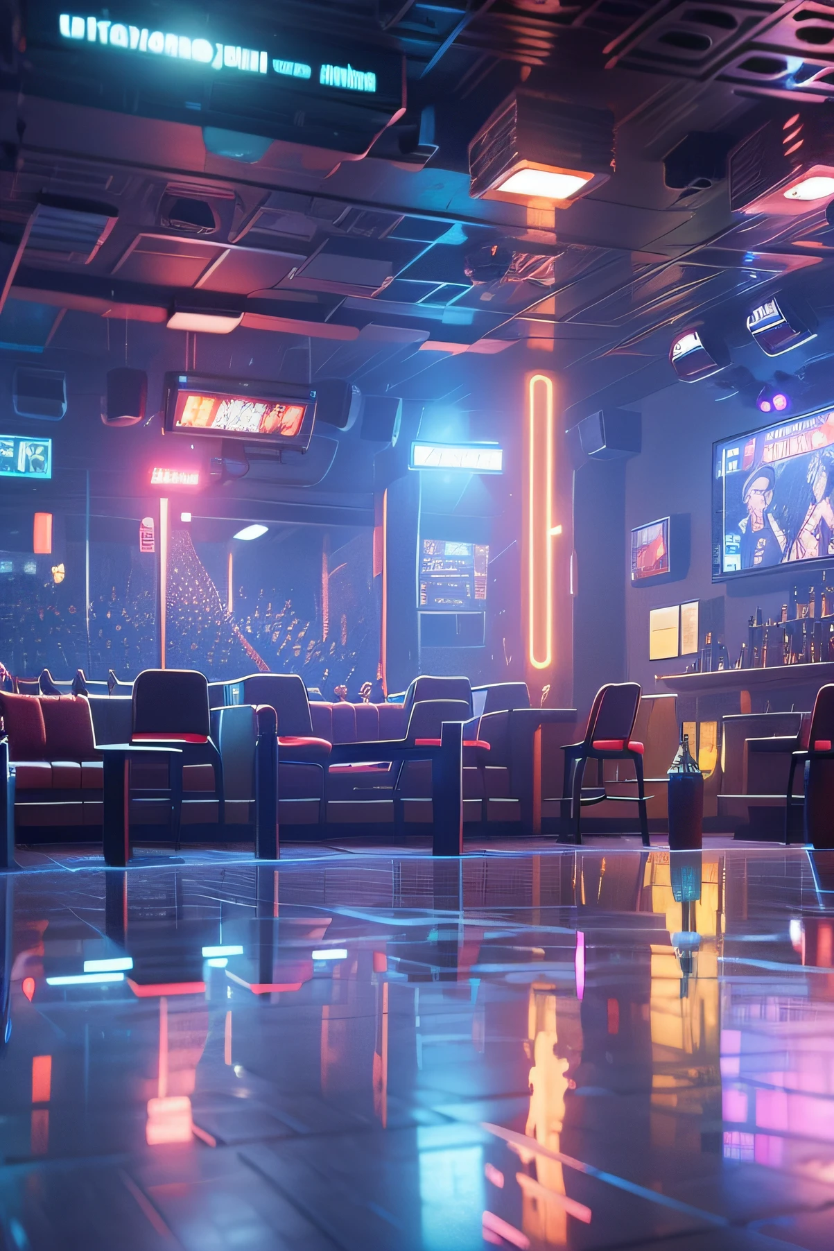 Bar big stage，Nightclub scene，The lights are dazzling，Wide viewing angle，Top angle of view，