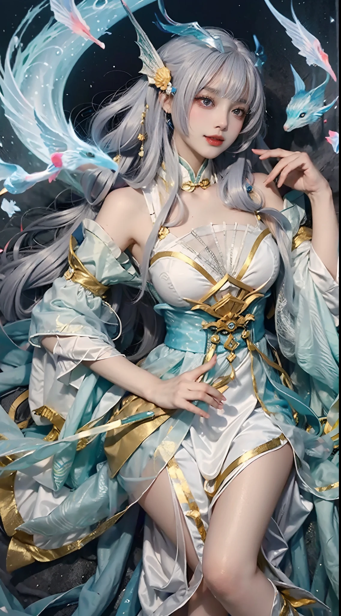 Close-up of a woman in costume on stage，full-body xianxia，Beautiful celestial mage，Amazing young ethereal characters，a beautiful fantasy empress，astral witch clothes，shaxi，A flowing magic robe，White Hanfu，xianxia fantasy，Beauty Delfin，Ethereal fantasy，Elegant and charming cosplay，heise jinyao,Feminine and colorful，It's tumultuous，((Lie flat on the ground))，((Top-down view))