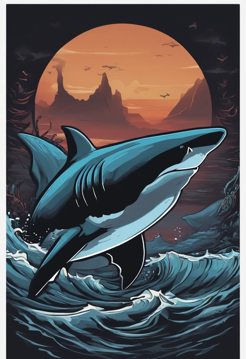 /imagine prompt: Shark illustration with black background sticker, Bold outline style, Jagged edges, Garbage core, Light and shadow --V 5.2