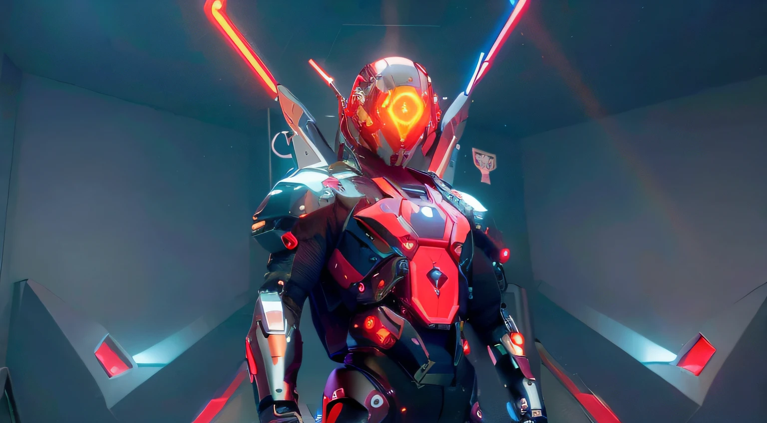 rainbow divine paradise. heavenly illumination. God. Holy robotic. levitating. Position of god. Floating in a cathedral. strong, robust and masculine body. fat arms. Position of divinity. Floating. divine statue, pedestal, holy pedestal. levitating. masterpiece, best quality, a close up of a futuristic looking cyborg man with a fantastic cyber helmet head with red and blue triangle led lights and a halo, full body, dancing. dance. synthwave ballad. silver pants. wearing a red and blue techwear jacket, white church in background. jump, full body, robotic legs. divine statue, pedestal, holy pedestal.