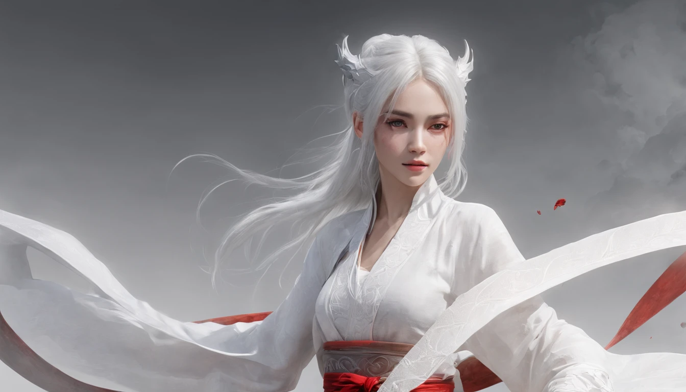 Cirilla Fiona Elen Riannon，动态照明，art  stations，poster for，Volumetriclighting，Very detailed faces，4k wallpapers，Award-Awarded，1 girl with white hair，He has a delicate and beautiful face，long hair flowing，horse tailed，Fringed Hair Ornament，Dynamic perspective，White Hanfu，White gauze flying，red waistband，Sexy，Tradition Chinese Ink Painting，Surrounded by clouds，fog atmosphere，Ride a white dragon，Stroke the faucet，White dragon horn，dynamic viewing angle，电影灯光，
