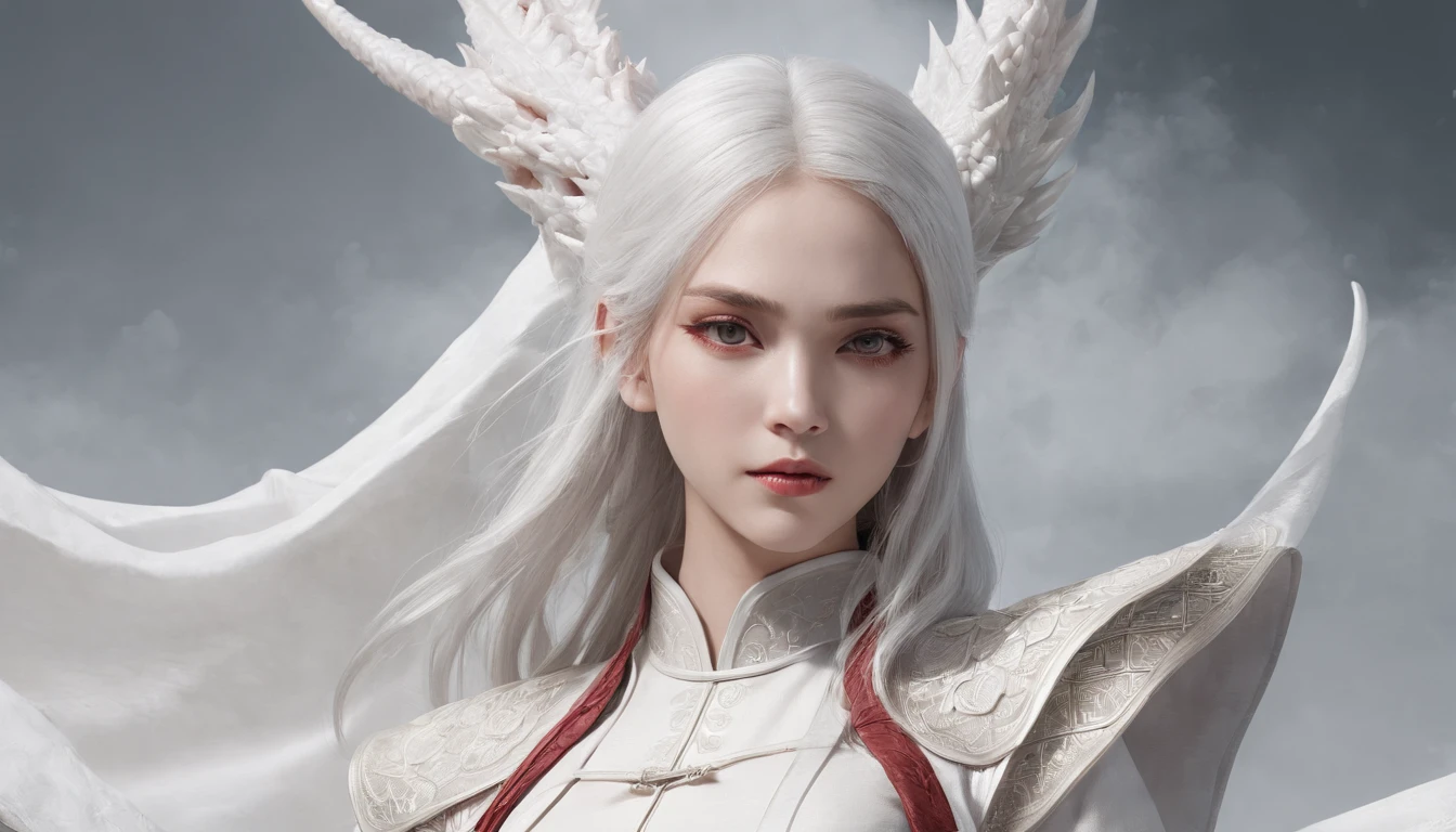 Cirilla Fiona Elen Riannon,动态照明,art stations,poster for,Volumetriclighting,Very detailed faces,4k wallpapers,Award-Awarded,1 girl with white hair,He has a delicate and beautiful face,long hair flowing,horse tailed,Fringed Hair Ornament,Dynamic perspective,White Hanfu,White gauze flying,red waistband,Sexy,Tradition Chinese Ink Painting,Surrounded by clouds,fog atmosphere,Ride a white dragon,Stroke the faucet,White dragon horn,dynamic viewing angle,电影灯光,