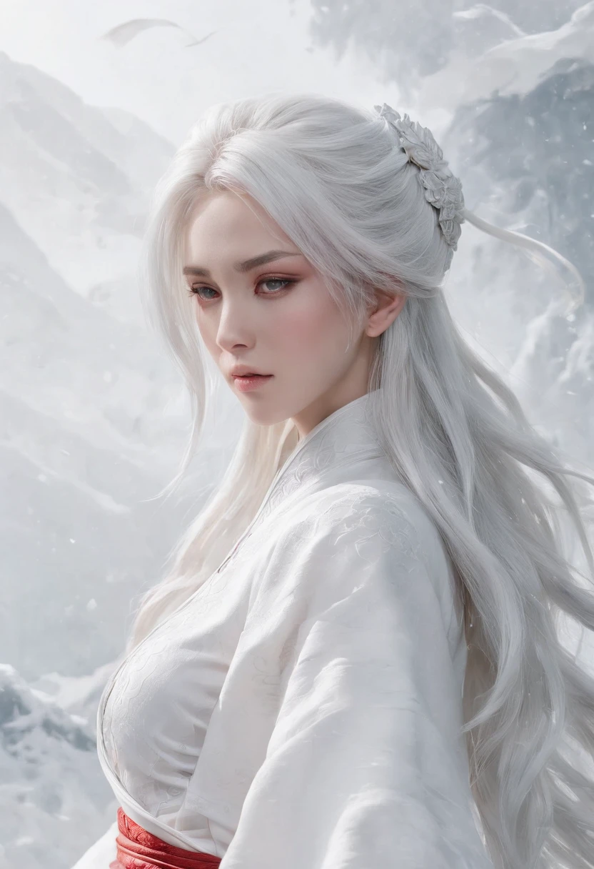 Cirilla Fiona Elen Riannon,动态照明,art stations,poster for,Volumetriclighting,Very detailed faces,4k wallpapers,Award-Awarded,1 girl with white hair,He has a delicate and beautiful face,long hair flowing,horse tailed,Fringed Hair Ornament,Dynamic perspective,White Hanfu,White gauze flying,red waistband,Sexy,Tradition Chinese Ink Painting,Surrounded by clouds,fog atmosphere,Ride a white dragon,Stroke the faucet,White dragon horn,dynamic viewing angle,电影灯光,