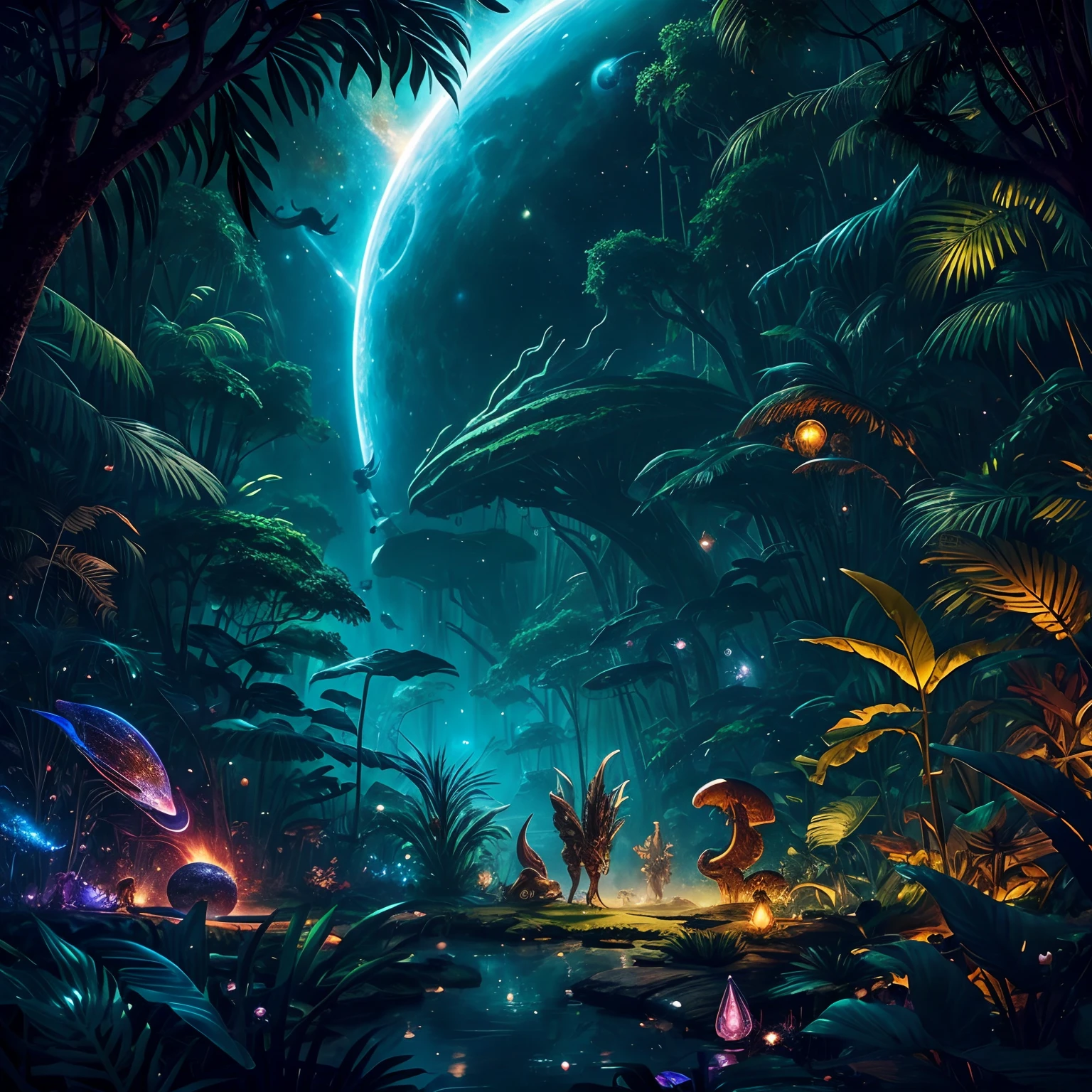 finest image, detailed and delicate depiction, space jungle fantasy, Jungle creatures I've never seen before are listening to me, background galaxy, planet, professional lighting