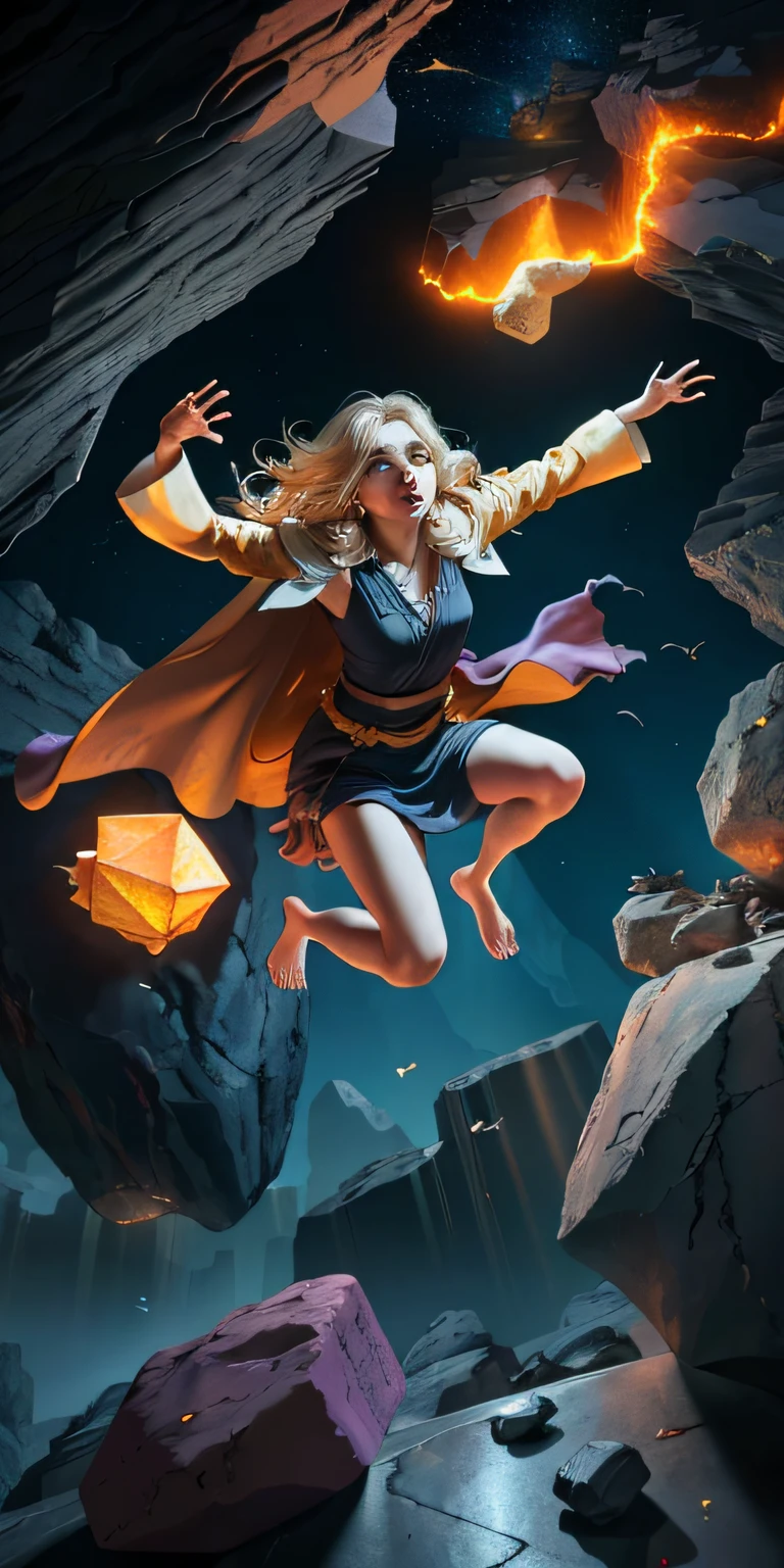 female barefoot summoner levitating with blonde hair robes and cape arms lifted up over a broken earth bright lava light from below asteroid field (jagged rocks boulders and debris shooting into the air:1.3) (windy dust debris storm:1.1) volumetric fog mist ray tracing z pass bright light from below, (masterpiece) (best quality) (detailed) (8k) (cinematic lighting) (sharp focus) (intricate)