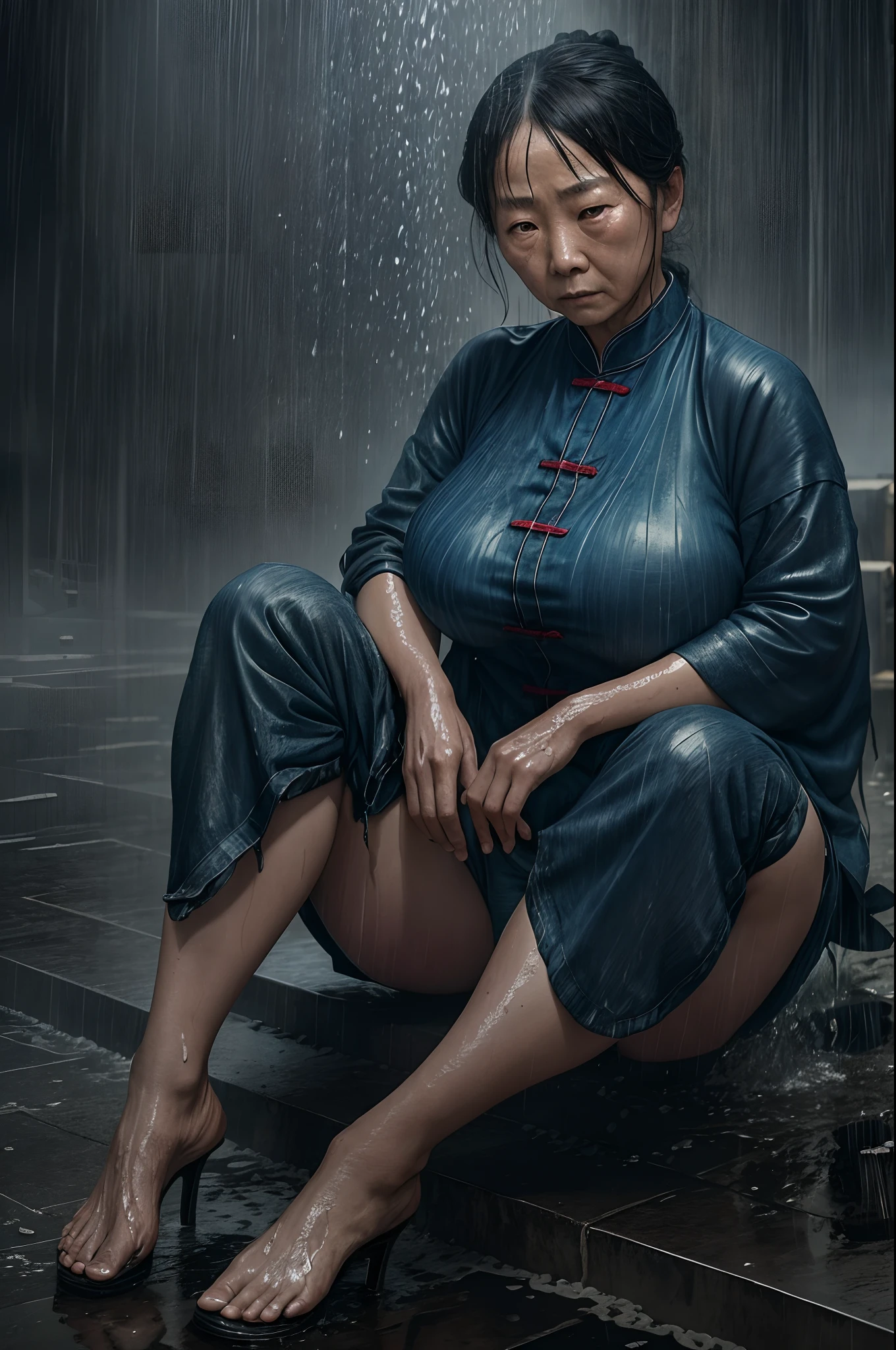 Change clothes，Remove your pants（Torn pants），shoes，Remove the top（Torn clothes），An old Chinese woman，with intense rain，Get wet all over your body，On bluestone slabs in the field，There is a lot of standing water on the ground，Full of sadness，looking toward the viewer