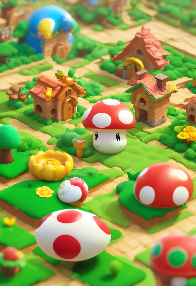 Game architectural design, Cartoony, towns，steins，brick，grassy fields，rios，blossoms，casual game style, 。.3D, blender，tmasterpiece，super detailing，best qualtiy