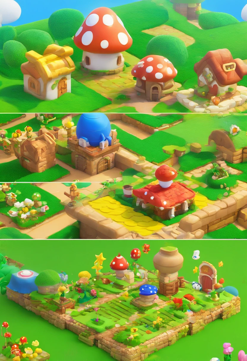 Game architectural design, Cartoony, towns,steins,brick,grassy fields,rios,blossoms,casual game style, 。.3D, blender,tmasterpiece,super detailing,best qualtiy