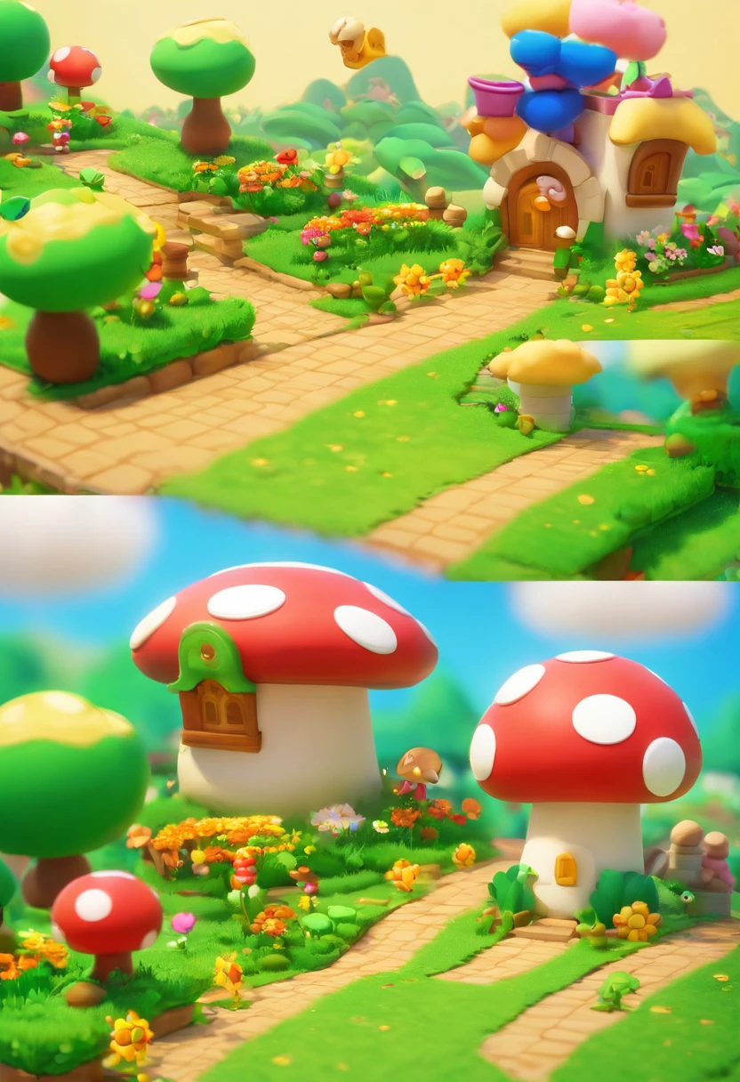 Game architectural design, Cartoony, towns,steins,brick,grassy fields,rios,blossoms,casual game style, 。.3D, blender,tmasterpiece,super detailing,best qualtiy