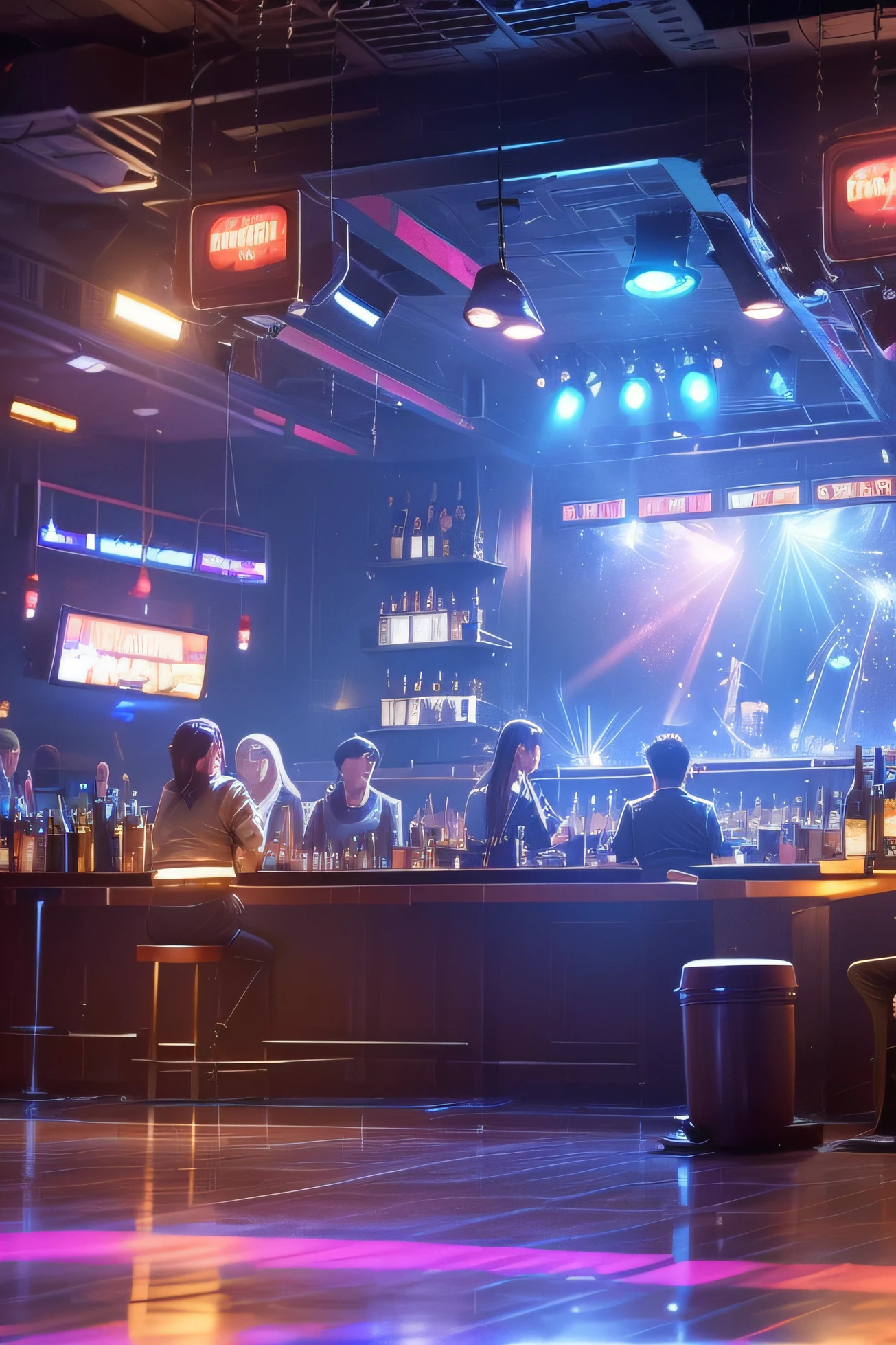 Bar big stage,Nightclub scene,The lights are dazzling,Wide viewing angle,Top angle of view,