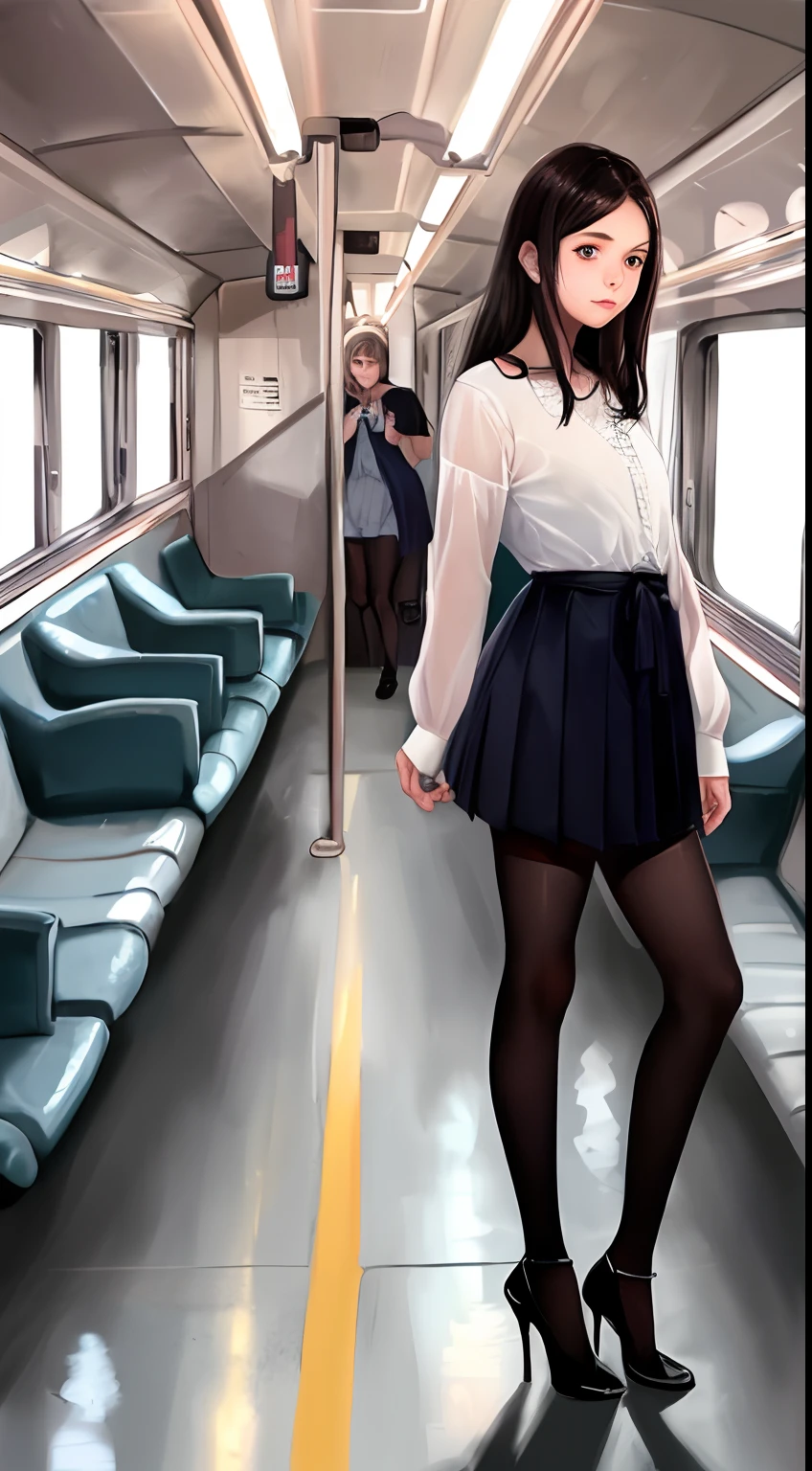 ((-teen girl)), lolouse, tiny pleated skirt, waist-high black tights, high heels, full body photo, very fair skin, shaved hair, busy train car, photorealistic, indirect lighting, volumetric light, ray tracing, hyperdetailed