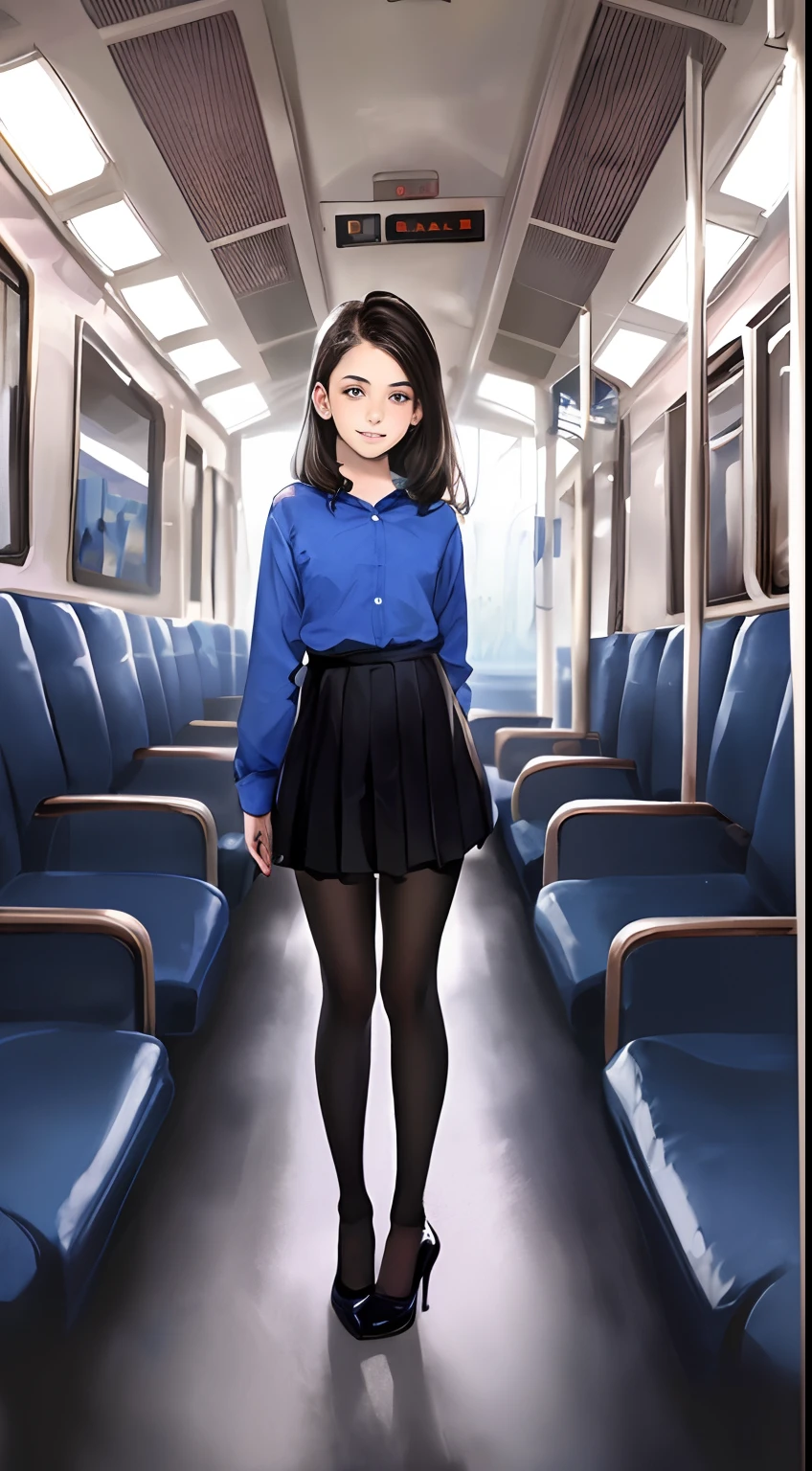 ((14 year old pre-teen girl)), long blouse, tiny pleated skirt, waist-high black tights, high heels, full body photo, very fair skin, shaved hair, busy train car, photorealistic, indirect lighting, volumetric light, ray tracing, hyperdetailed