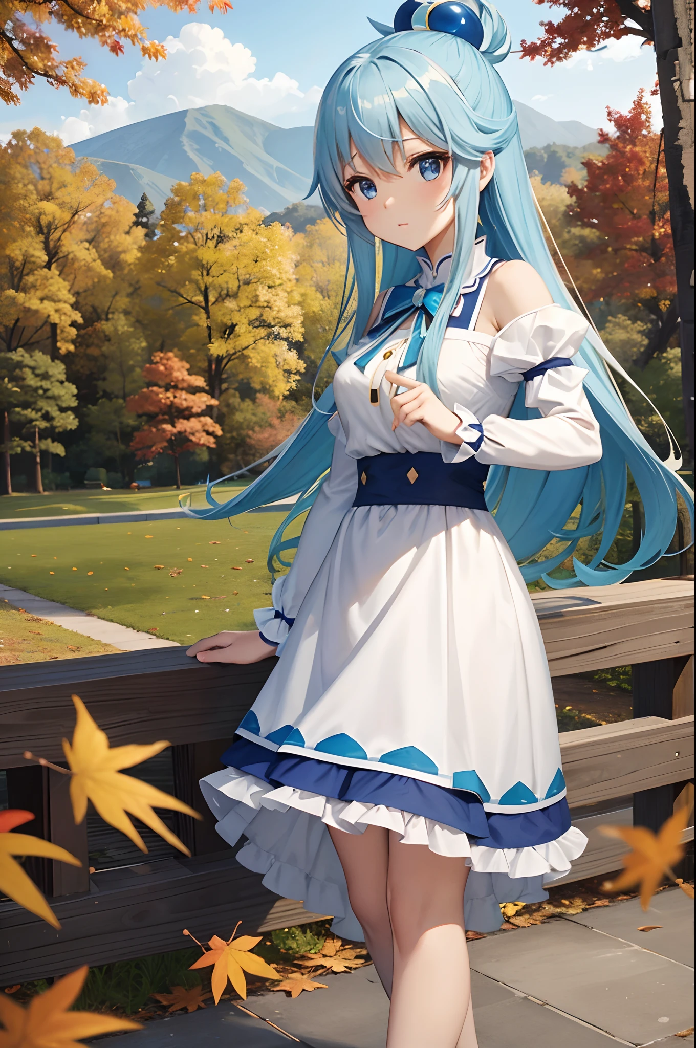 ​masterpiece, top-quality, Princess_aqua_Konosuba, Brown and white dress, blue eyes, blue hairs, standingn, (borgar: 1.1), ​​clouds, Landscape of autumn leaves