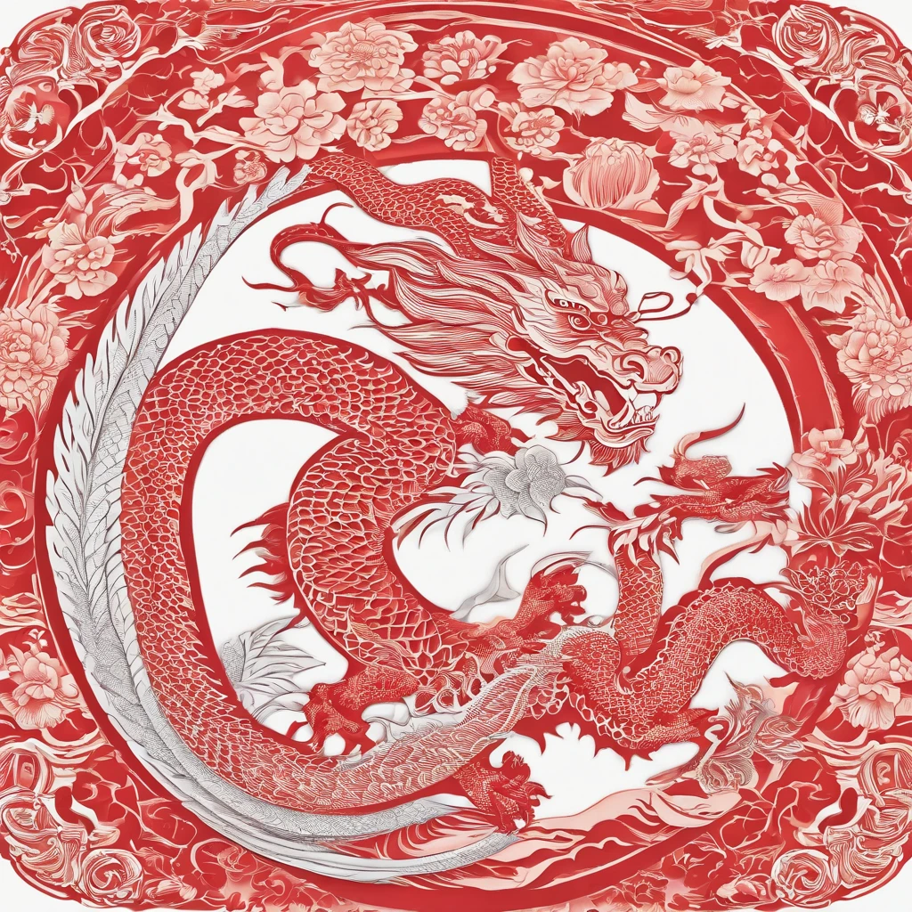 Flat paper cut style，contours，((chinesedragon))，Dragon，red colour，Clean cut，Paper，sharp-edged，Maximalism，Color blocking，((round form))