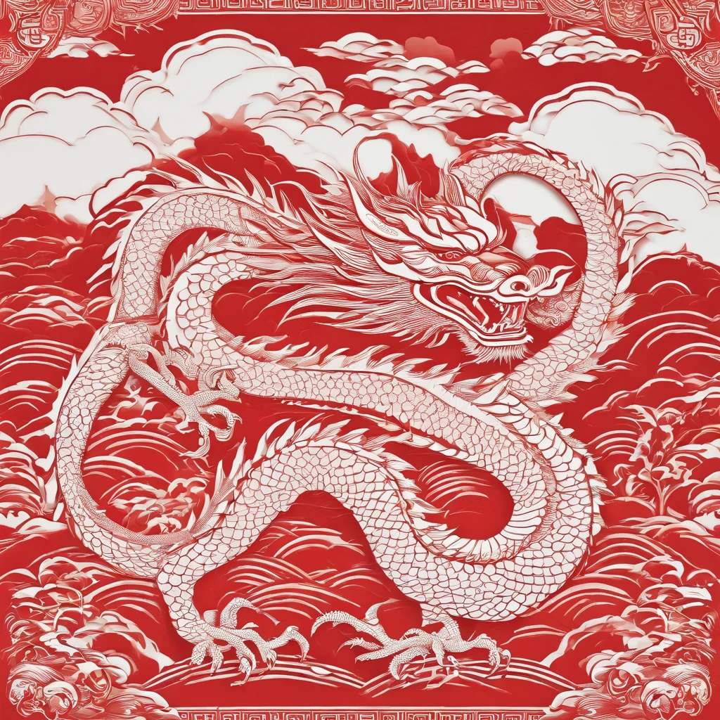 Flat paper cut style,contours,((chinesedragon)),Dragon,red colour,Clean cut,Paper,sharp-edged,Maximalism,Color blocking,((round form))