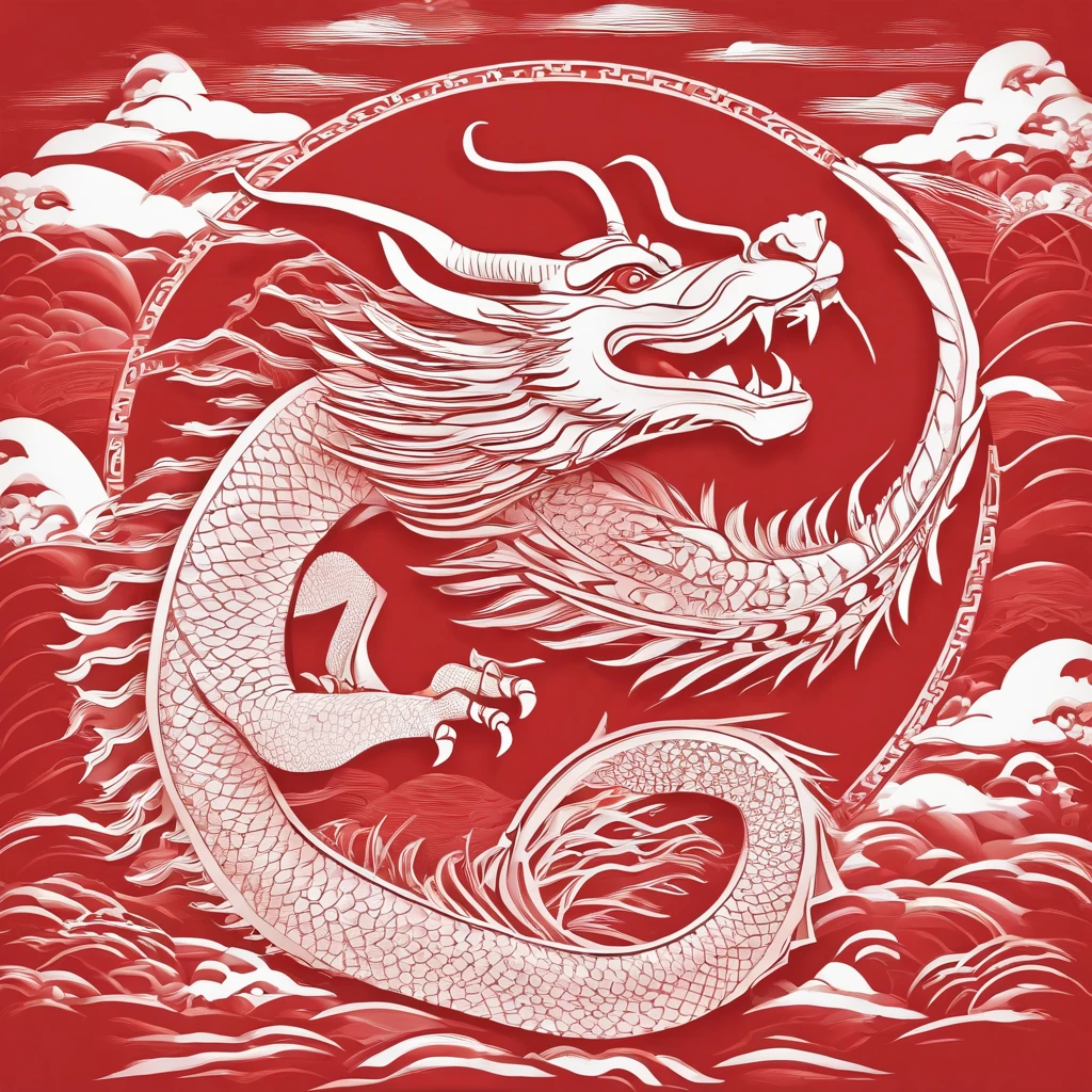 Flat paper cut style，contours，((chinesedragon))，Dragon，red colour，Clean cut，Paper，sharp-edged，Maximalism，Color blocking，((round form))