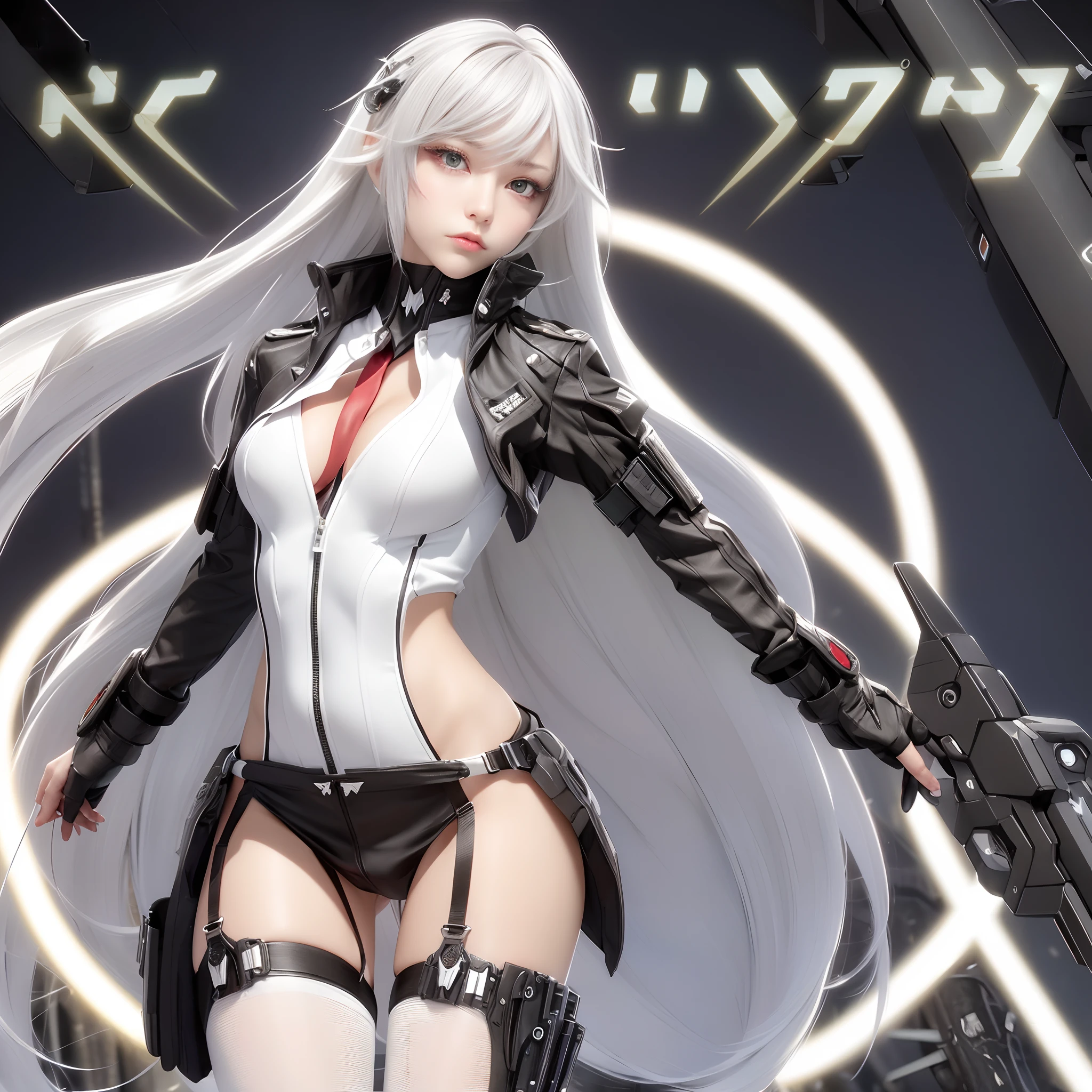 masterpiece, (best quality), (ultra-detailed), (ultra-realistic:1.2), landscape, sci-fi, transistorpunk, cyberpunk, biopunk, (magazine cover:1.4), (gray, white), lone female huge robot, mechanical angel wings on the back, angel wings, future town, dynamic pose, dynamic angle, small breasts, luxury, (gold, silver, green), neonmasterpiece, (best quality), (ultra-detailed), (ultra-realistic:1.2), landscape, sci-fi, transistorpunk, cyberpunk, biopunk, (magazine cover:1.4), (gray, white), 8k, UHD, The alone long waist white hair woman as the lone character as a magazine, yellow eyes, gold eyes, hair accessory, 2 hand, 5 finger, floating alone , high resolution, sci-fi city , Hyper detail mature face, black strapless bodysuit, white shirt, black panty, black jacket, black glove, ultra sharp, red necktie, black string full leg stocking, black string high thigh kneesock , exposed leg , black boot, feet visible, Hand Visible , twin sword, twin floating equipment, detail finger, 5 finger, Shooting pose,action pose,explosion effect, a determined expression on her face。