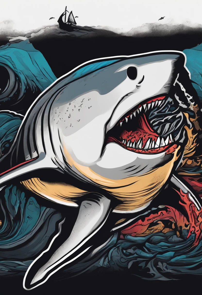 /imagine prompt: Shark illustration with black background sticker, Bold outline style, Jagged edges, Trash core, Light Shadow --V 5.2
