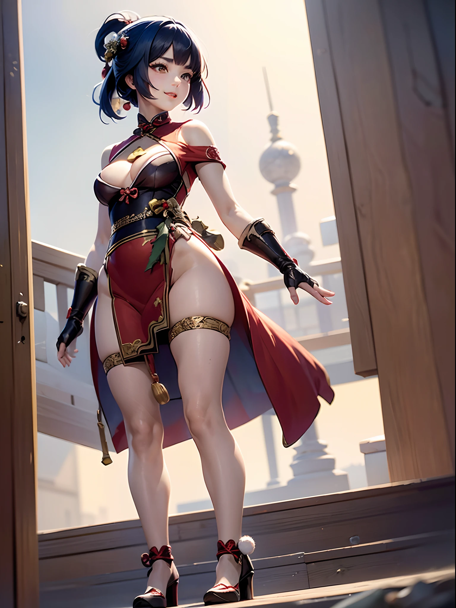 (((1 girl))),Xiangling,red dress, white fur,((see through)), extremely detailed,grinning, realistic anime, red heels, (((Christmas))), wide hips, 16 year old woman,((( standing))), small breasts