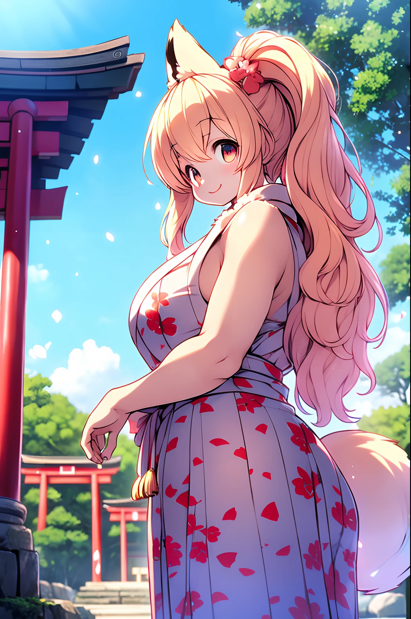 Fox Woman、body covered with fur、huge-breasted、kawaii、shrine maiden、Japan white clothes,Red Hakama、torii gate,summer day、From below、Wide Shot、A big smile、bbw、thick thight、big butts、Ultramammy