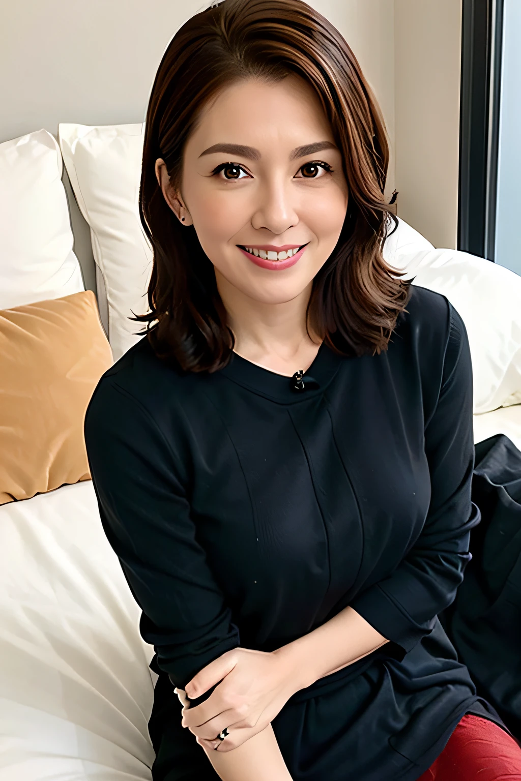Professional middle-aged woman with brown hair,a black skirt,Crimson lips,Raised sexy,Charming,Lie down in bed