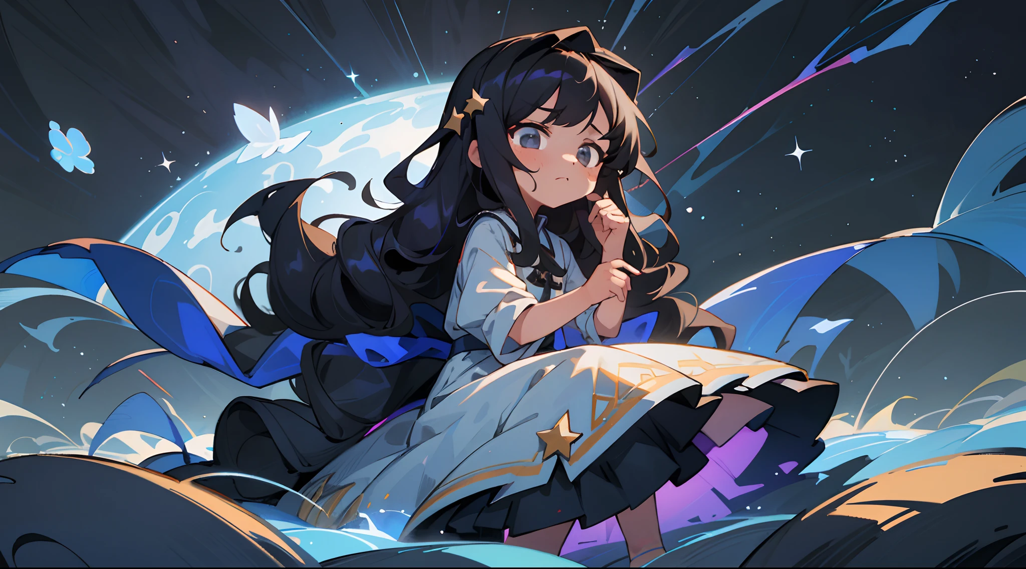 (tmasterpiece,Best quality at best),,highly details, Ultra-detailed 8K, 超高分辨率,finely detailed facial features,(12-year-old girl:black long curly hair,white dresses,Unhappy expression),Full body view,the girl floats in space,starrysky,black hole,Bask in starlight,perfect compositions,Black and blue composition