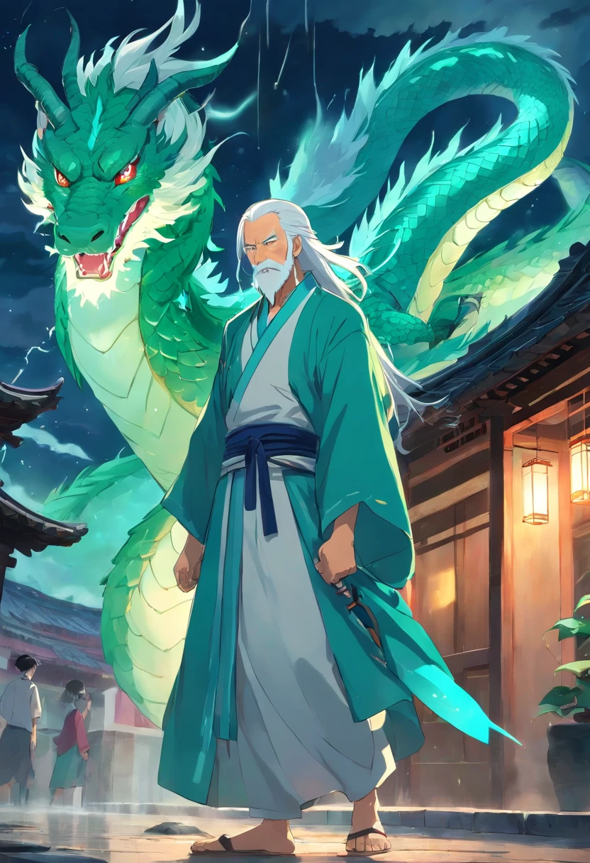 Old man of ancient China,long white hair,Long white beard,Wearing a turquoise tunic,Behind him is the shadow of a green dragon,The background is a rural night,The sky is lightning and thunderous,very heavy rain,