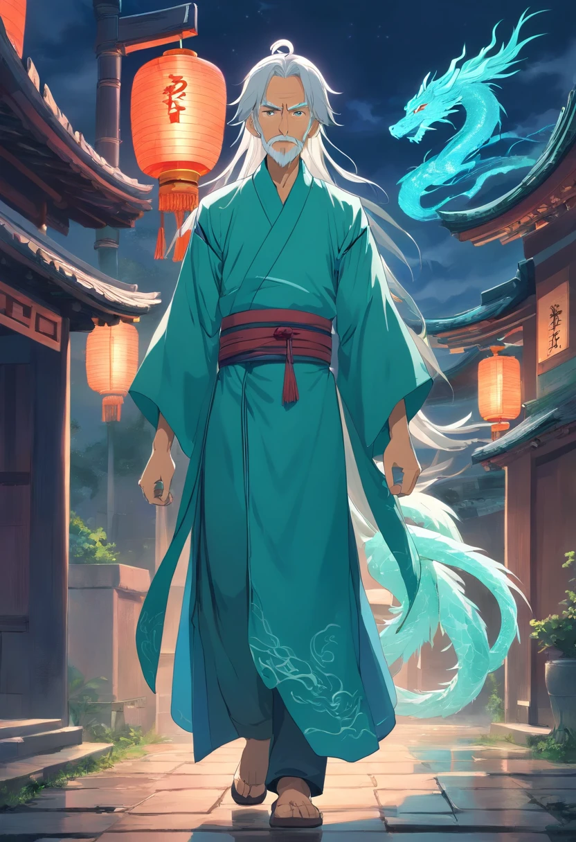 Old man of ancient China，long  white hair，Long white beard，Wearing a turquoise tunic，Behind him is the shadow of a green dragon，The background is a rural night，The sky is lightning and thunderous，very heavy rain，