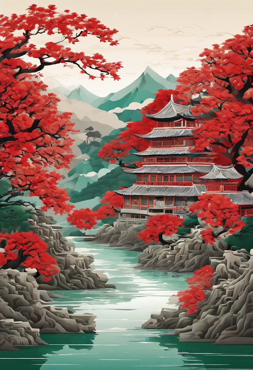 A magnificent complex of Chinese buildings，Standing among green mountains and waters。The whole work is filled with tranquility and elegance，It seems to transport the viewer to an ancient and mysterious wonderland。
The paper-cutting artist depicts the details of the building with great skill，Every window、The eaves and porch are clearly visible，It expresses the unique charm of traditional Chinese architecture。The building blends in with the surrounding landscape，It seems to be a perfect combination of nature and humanity。
Around this complex，Paper cut artists skillfully depict mountains and rivers。The mountains are majestic，Layers of mountains，As if declaring the power and magnificence of nature。The river meanders，Clear，It gives a feeling of tranquility and comfort。
The entire artwork uses the characteristics of paper-cutting art，The lines are smooth and precise，Revealing the artist's unique skills。Every cut is carefully designed，Delicate and layered，Presents a gorgeous and sophisticated effect。
Color is the soul of this paper-cut artwork，Bright and distinct。The building is made of traditional red and gold，Symbolizes festivity and wealth。The landscape part is a gradient green、Blue and gray display，Creates an atmosphere of tranquility and peace。The color combinations throughout the work complement each other perfectly，It's intoxicating