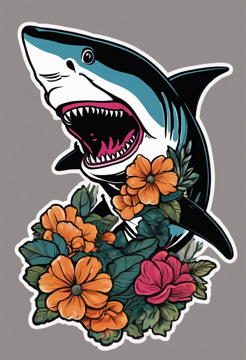 black background sticker shark illustration, flower-filled background, bold outline style, uneven edges, trash core, light and shadow