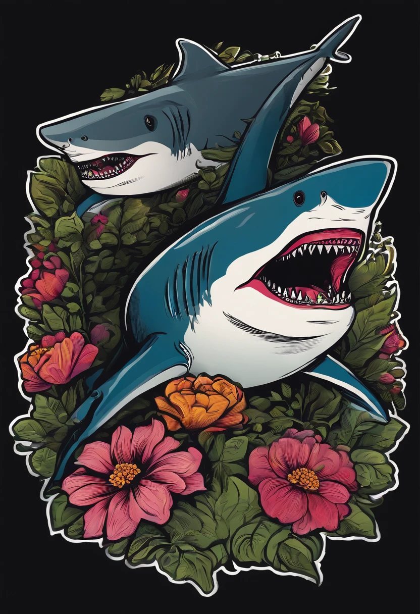 black background sticker shark illustration, flower-filled background, bold outline style, uneven edges, trash core, light and shadow