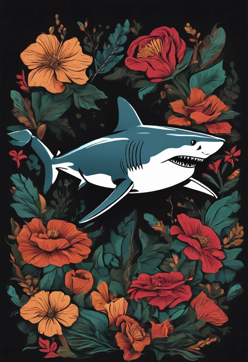 black background sticker shark illustration, flower-filled background, bold outline style, uneven edges, trash core, light and shadow