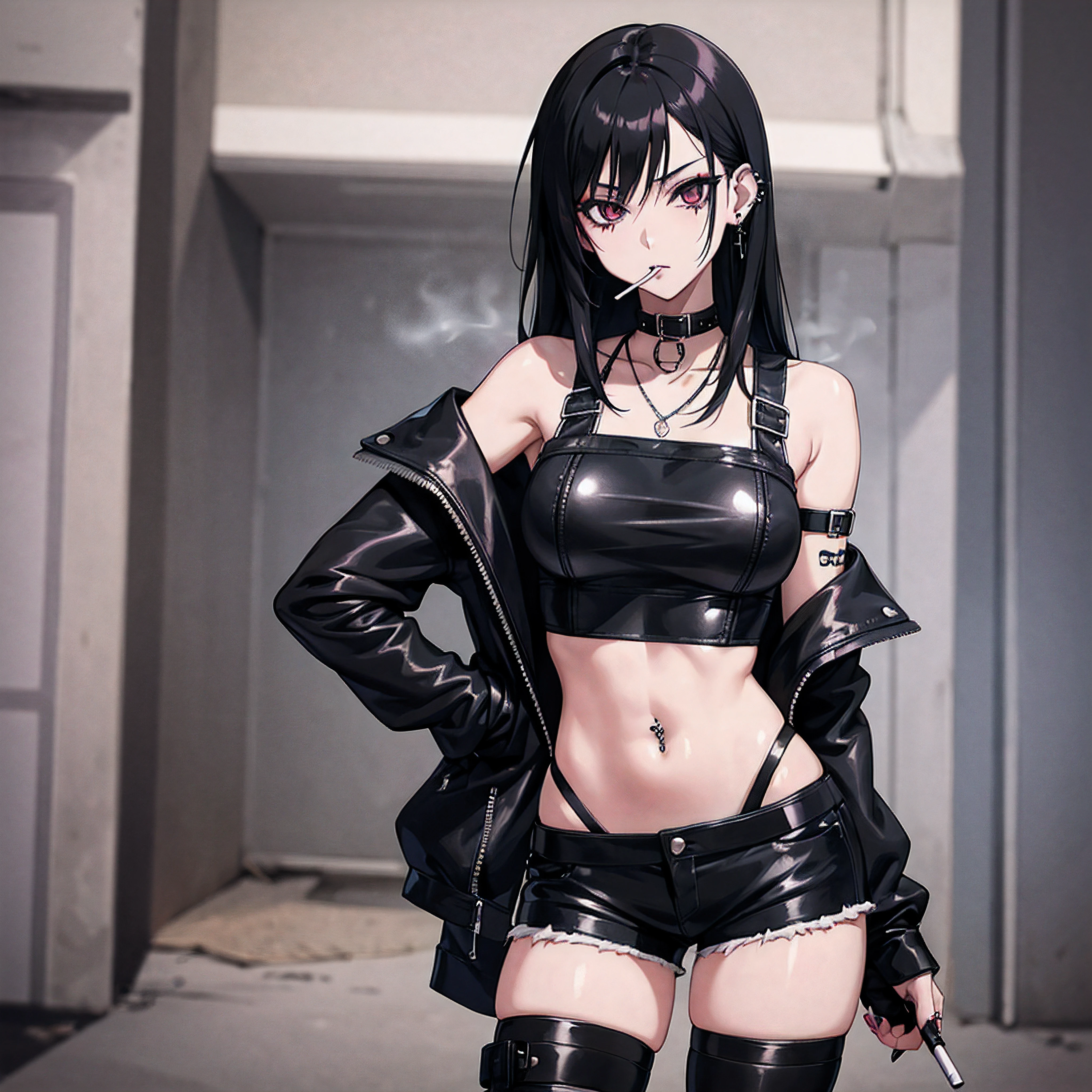 anime girl, black hair, goth, emo, piercings, skinny, sexy, tall, outside, leather, crop top, shorts, smoking a cigarette