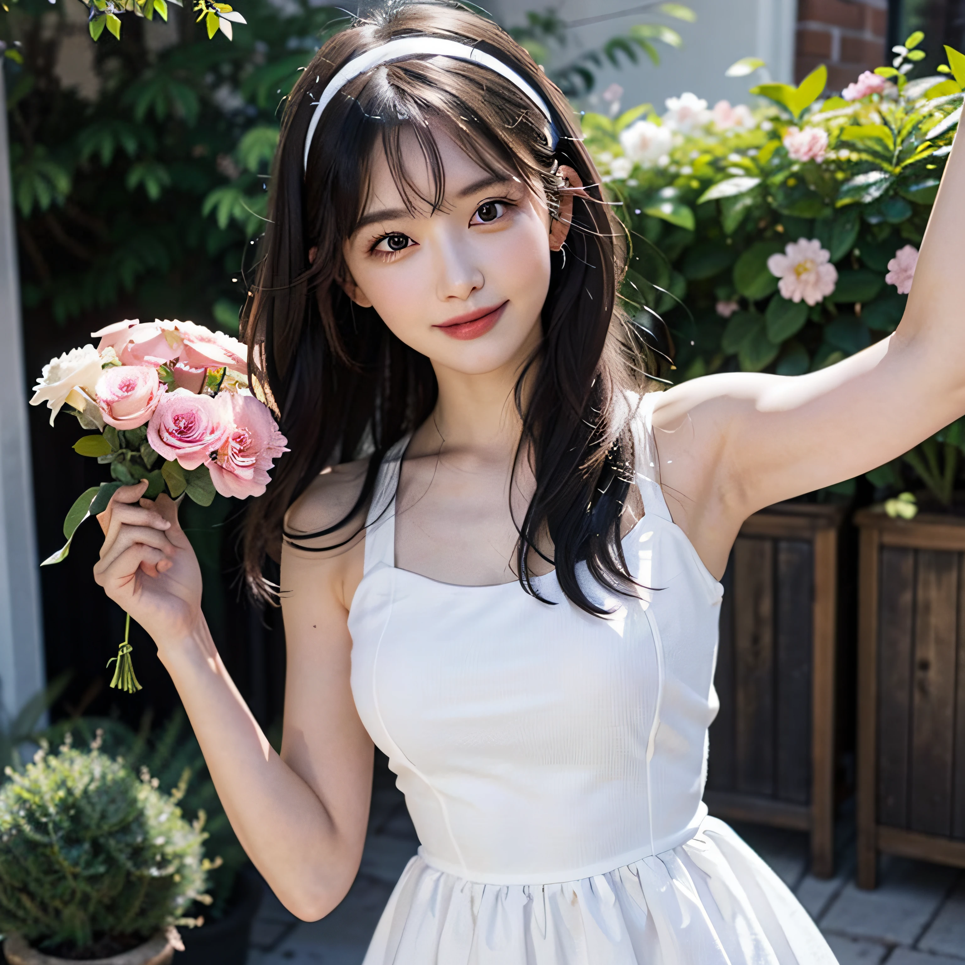 top-quality、8k picture、1girl in, :D, Bangs, black hairband, Blonde hair, Blurry, Blurry background, depth of fields, Dress, flower, flower pots, frilly dress, frilld,White white dress, Green eyes, shairband, Holding, Long hair, Open mouth, pink flowers, plant, potted plant, sketch, Sleeveless, Sleeveless dress, Smile, Solo, tail, Wrist cuffs, yellow flower, 1980s (Style)