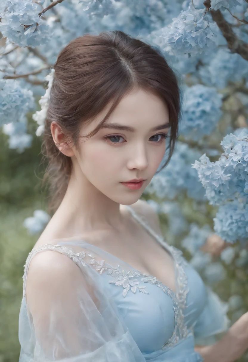 (absurderes, A high resolution, ultra - detailed, NFFSW, Cinematic), Solo, 1girl in, 18yr old, White flare　Chiffon　Short skirts fluttering, Girl standing in light blue garden, Light blue petals surround a girl, Slim body、smallunderboob、full bodyesbian, Blue long-haired girl, Light blue hair, fantasy, Dreamy, Yuki, offcial art, pop-art, profile, com rosto detalhado, hyper detail eyes, Light blue garden, Hyper-detailed fields, White blue sky, Cold, Light blue, White, Nebula in the sky, blue tree, watercolor paiting, Pastel color