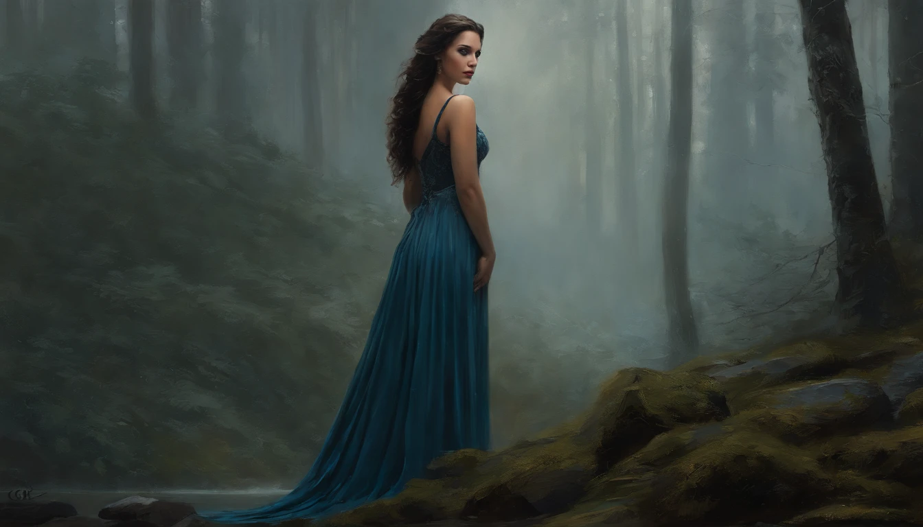 pintura do retrato de 1girl, Arwen, (Onze:0.5), (orelhas pontudas:0.3), cabelos pretos, olhos azuis, vestir, pele detalhada, fantasia, snowy nordic forest, estilo modelshoot, (CG extremamente detalhado), foto de belas obras de arte, (Antonio Moro), (Jeremy Mann), High detail, foco nítido, Dramatic, oil painting, Realistic