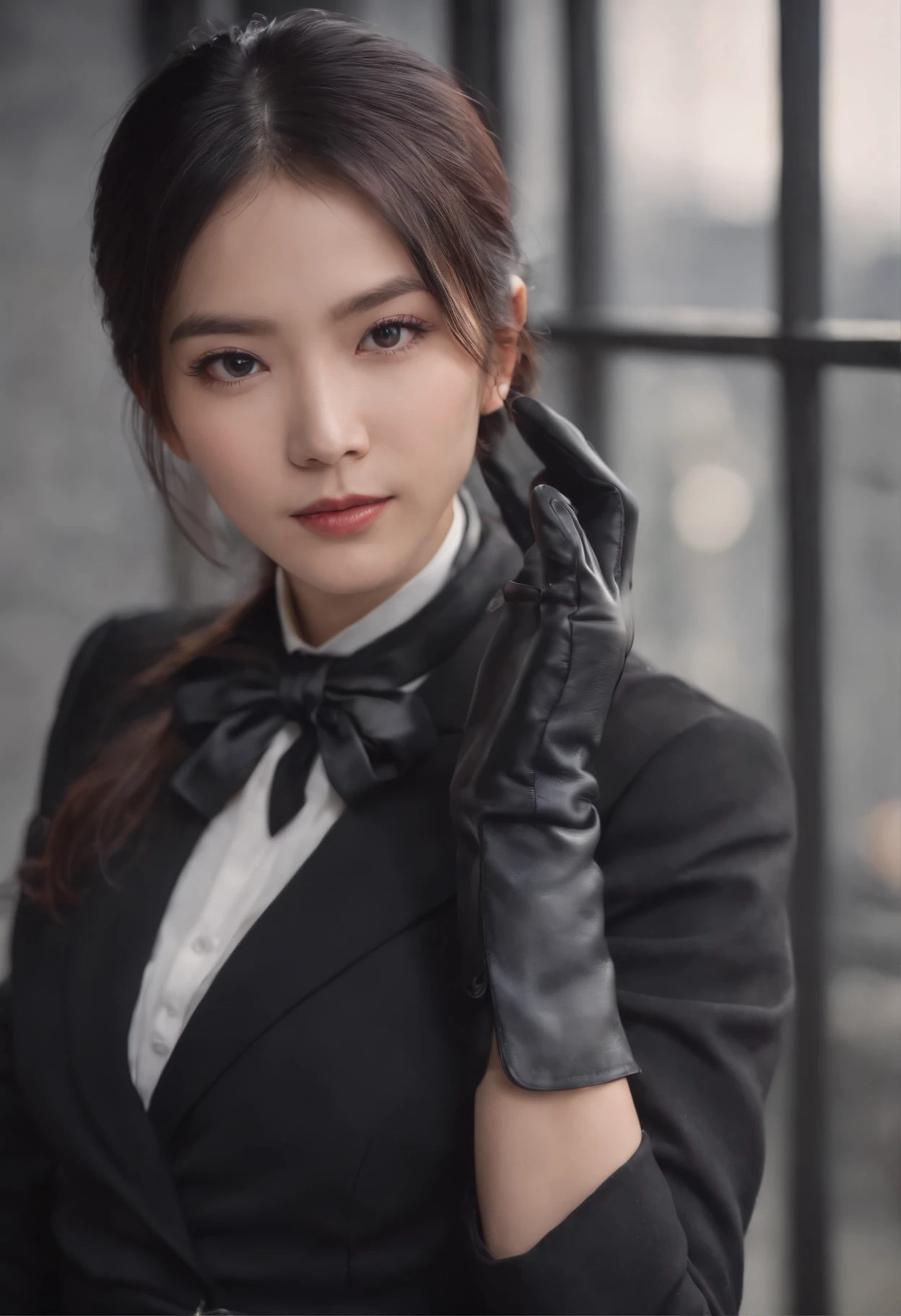 Black leather gloves, black suit, black hair, ponytail, Japanese girl, ribbon tie blouse, upper half
