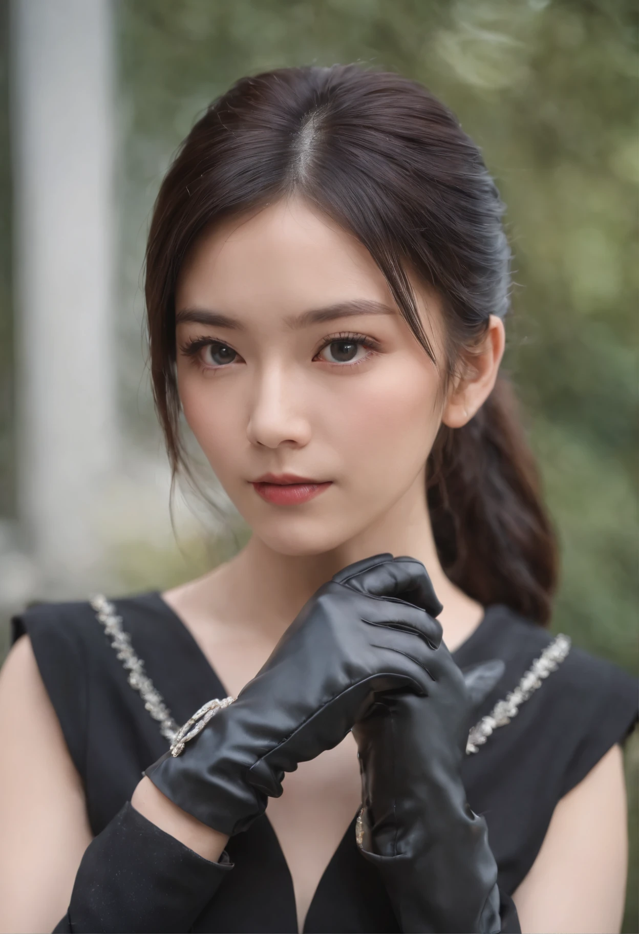 Black leather gloves, black suit, black hair, ponytail, Japanese girl, ribbon tie blouse, upper half