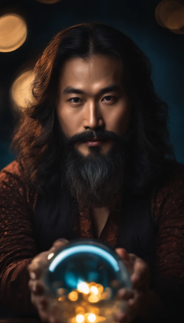 30-year-old middle-aged Asian man,long whitr hair,Long beard,Hold the small glowing sphere with both hands,staring right into camera,Meditate cross-legged, at centre,Clear facial features,Very bright colors, Light particles, with light glowing, Mshiv, wallpaper art, UHD wallpaper