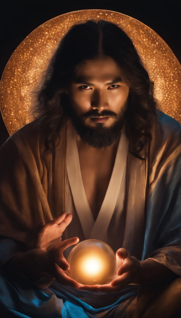 30-year-old middle-aged Asian man，long whitr hair，Long beard，Hold the small glowing sphere with both hands，staring right into camera，Meditate cross-legged, at centre，Clear facial features，Very bright colors, Light particles, with light glowing, Mshiv, wallpaper art, UHD wallpaper