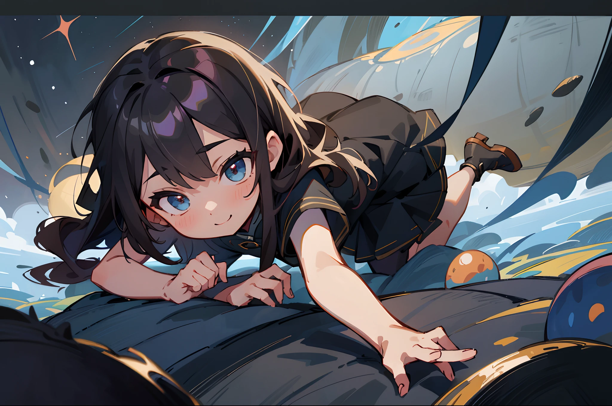 (tmasterpiece,Best quality at best),,highly details, Ultra-detailed 8K, 超高分辨率,ssmile,finely detailed facial features,( boy:shoun,brunette color hair,黑The eye,Black Academy uniform),(12-year-oldirlck locurly hair,black color dress),Full body view,floats in space,starrysky,black hole,Bask in starlight,perfect compositions,