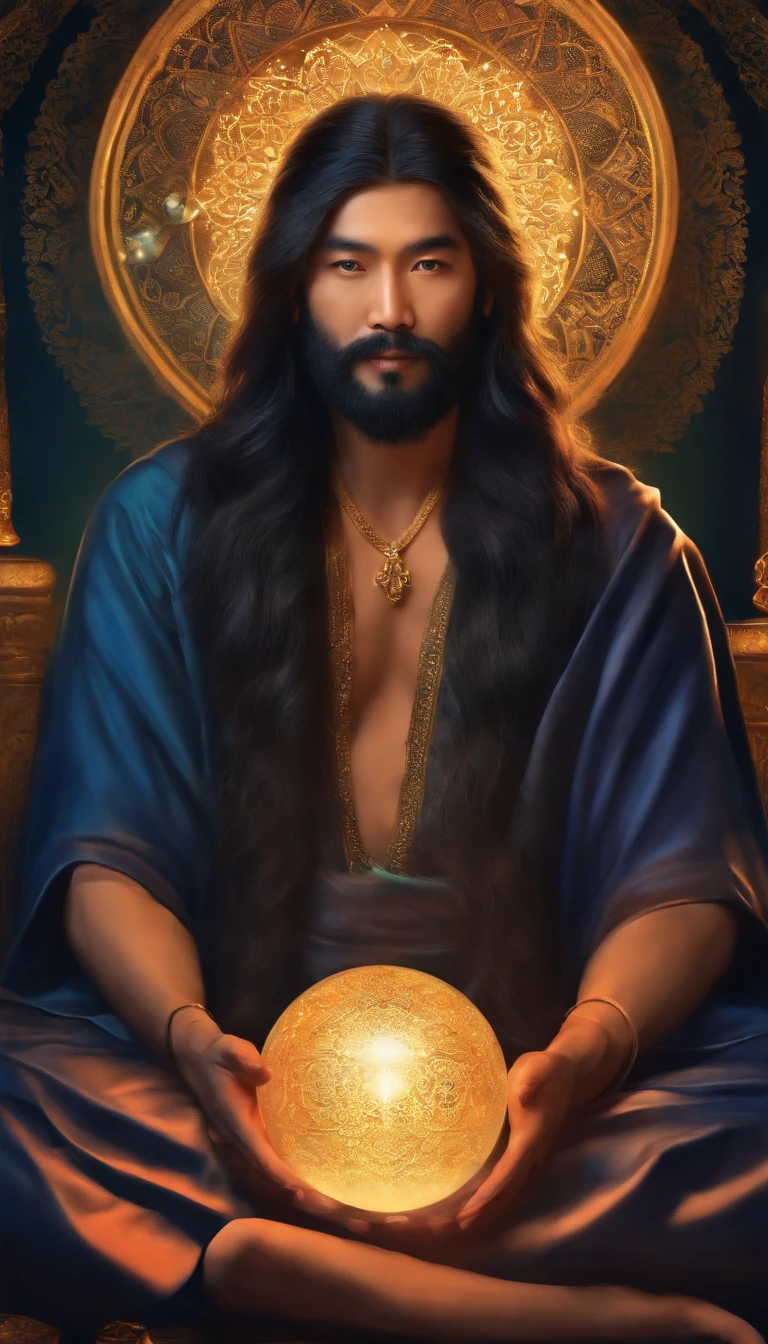 35-year-old middle-aged Asian man,long whitr hair,Long beard,Close-up of holding a crystal ball in his hand,staring right into camera,Meditate cross-legged, at centre,Clear facial features,Very bright colors, Light particles, with light glowing, Mshiv, wallpaper art, UHD wallpaper