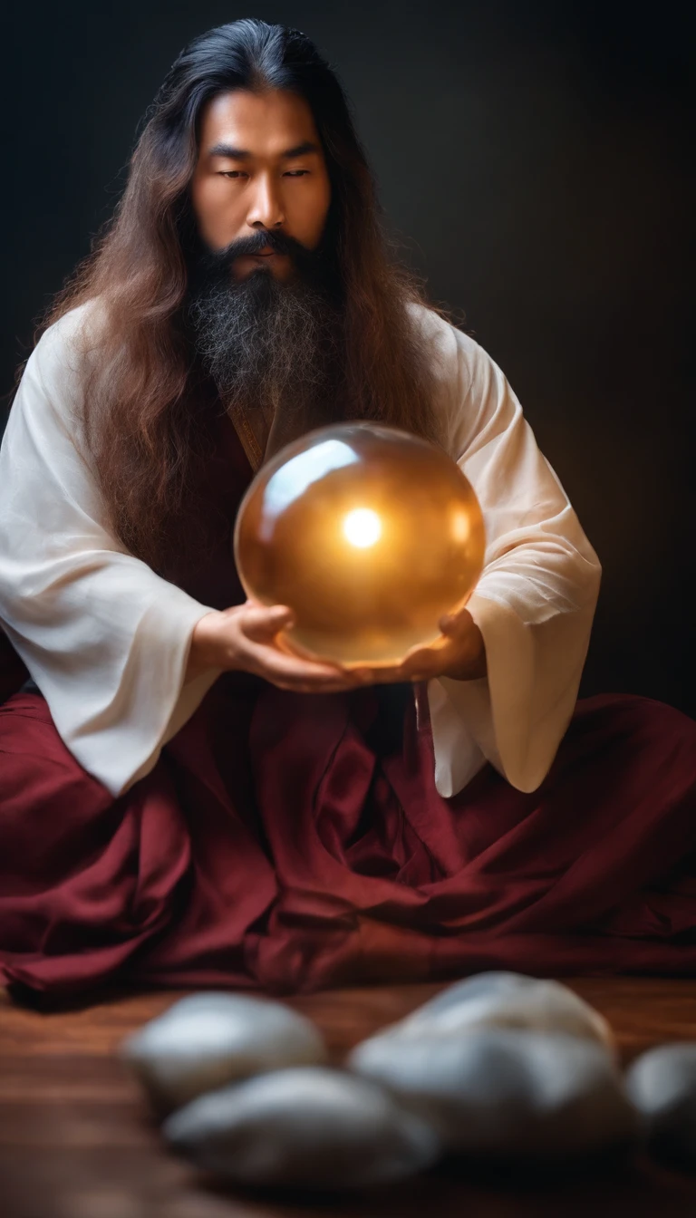 35-year-old middle-aged Asian man，long whitr hair，Long beard，Close-up of holding a crystal ball in his hand，staring right into camera，Meditate cross-legged, at centre，Clear facial features，Very bright colors, Light particles, with light glowing, Mshiv, wallpaper art, UHD wallpaper